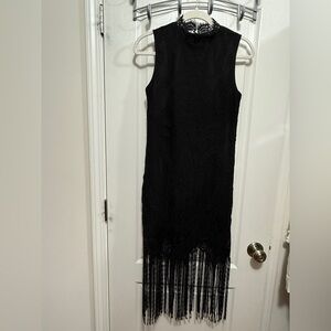 Aqua Black Lace overlay‎ Shift Dress fringe women’s XS flapper witchy whimsigoth